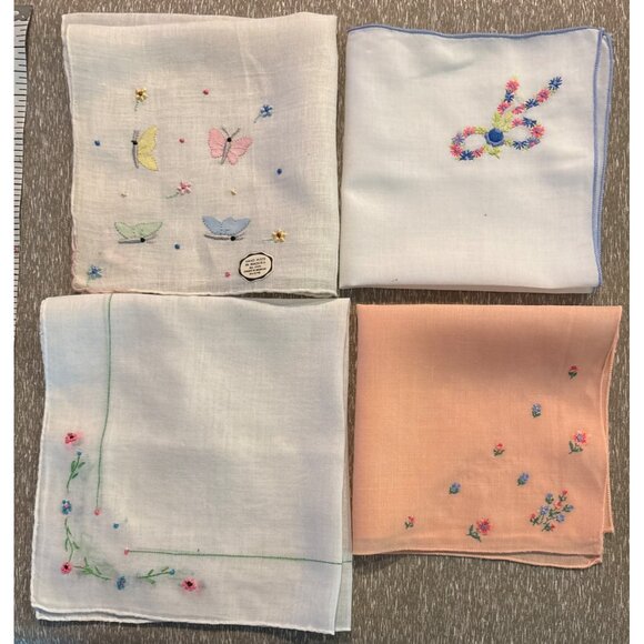 Vintage Handkerchiefs Embroidered Floral & Butterfly Designs 10" Square Cotton F - Picture 1 of 6